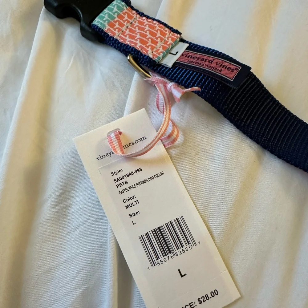 NWT VINEYARD VINES PASTEL WHALES PATCHWORK DOG COLLAR SIZE L LARGE MULTI COLOR
